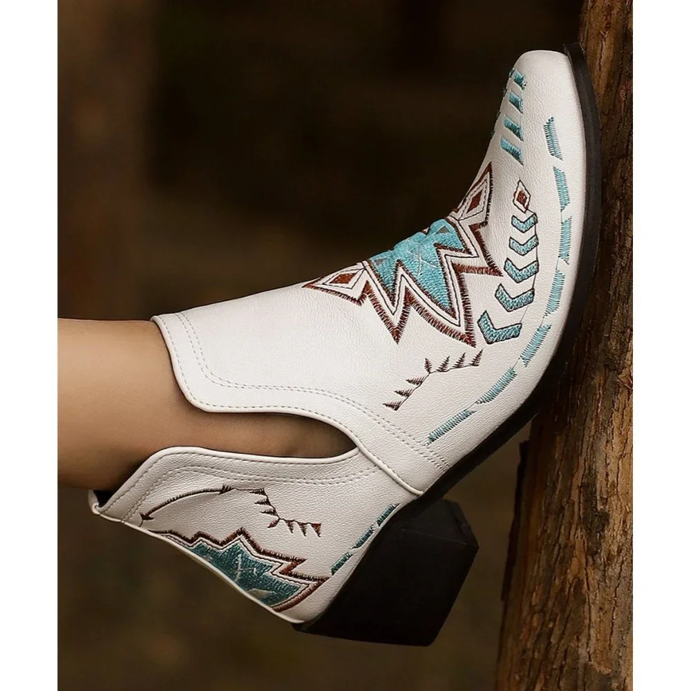 White Embroidered Western Ankle Bootie with Blue Accents